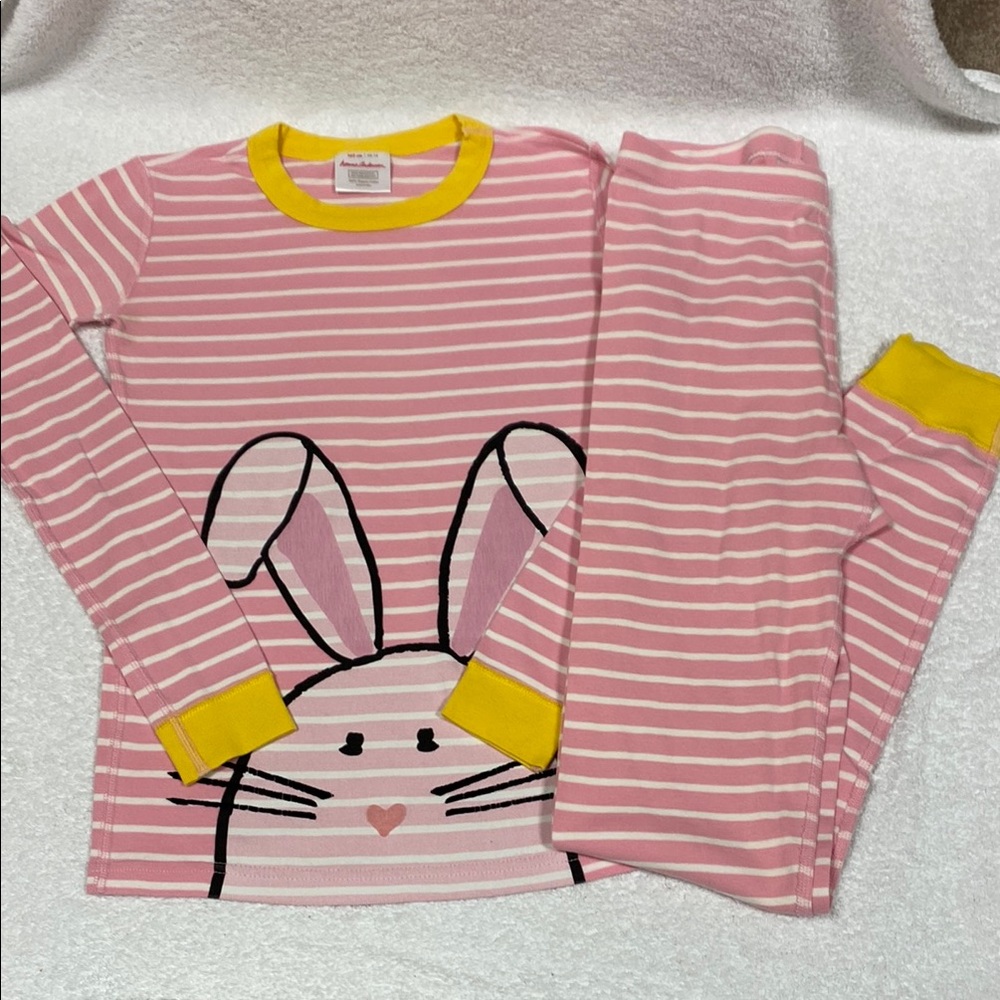 Hanna Andersson Pink Striped Bunny Kids snug fit organic cotton Pajamas size 14